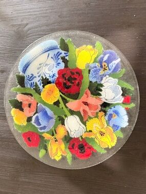 Peggy Karr Fused Glass Floral Plate 13” Signed Tulips Pansies Poppies